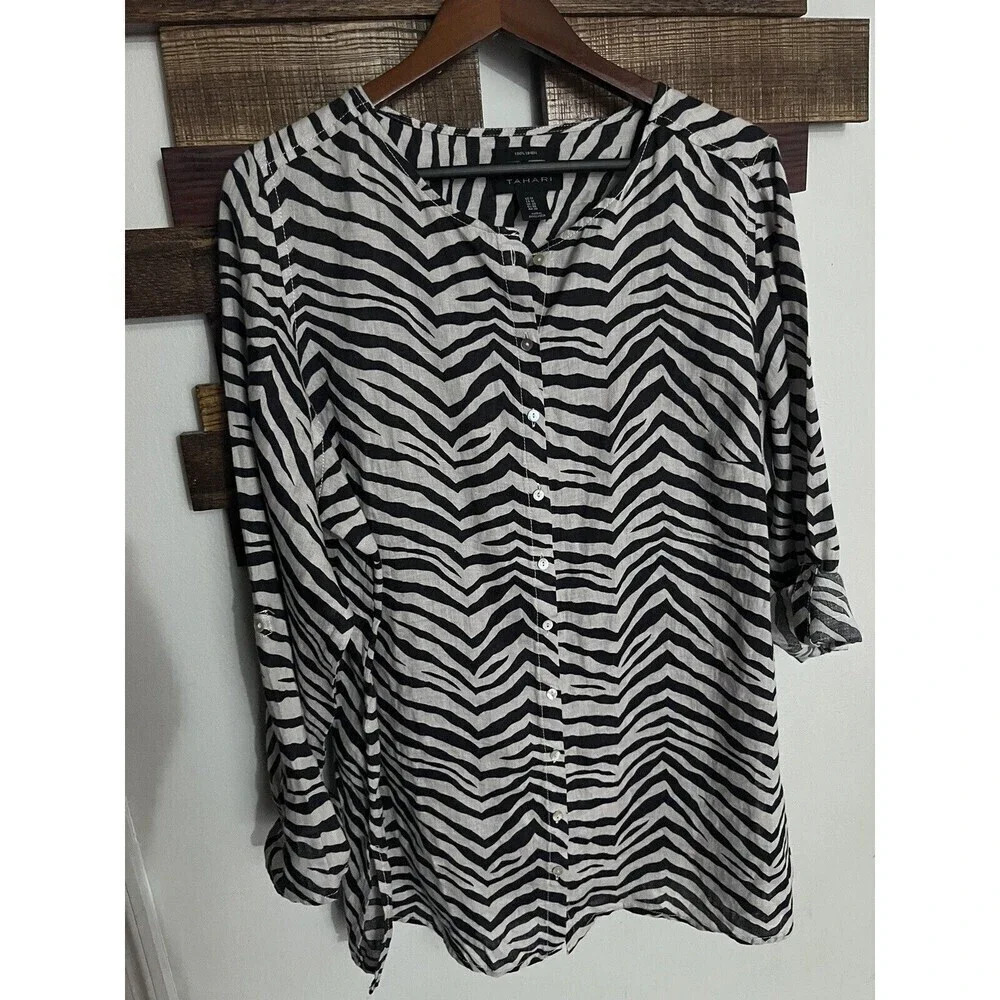 Tahari 100% Linen Zebra animal Print Tunic blouse Beach BoHo